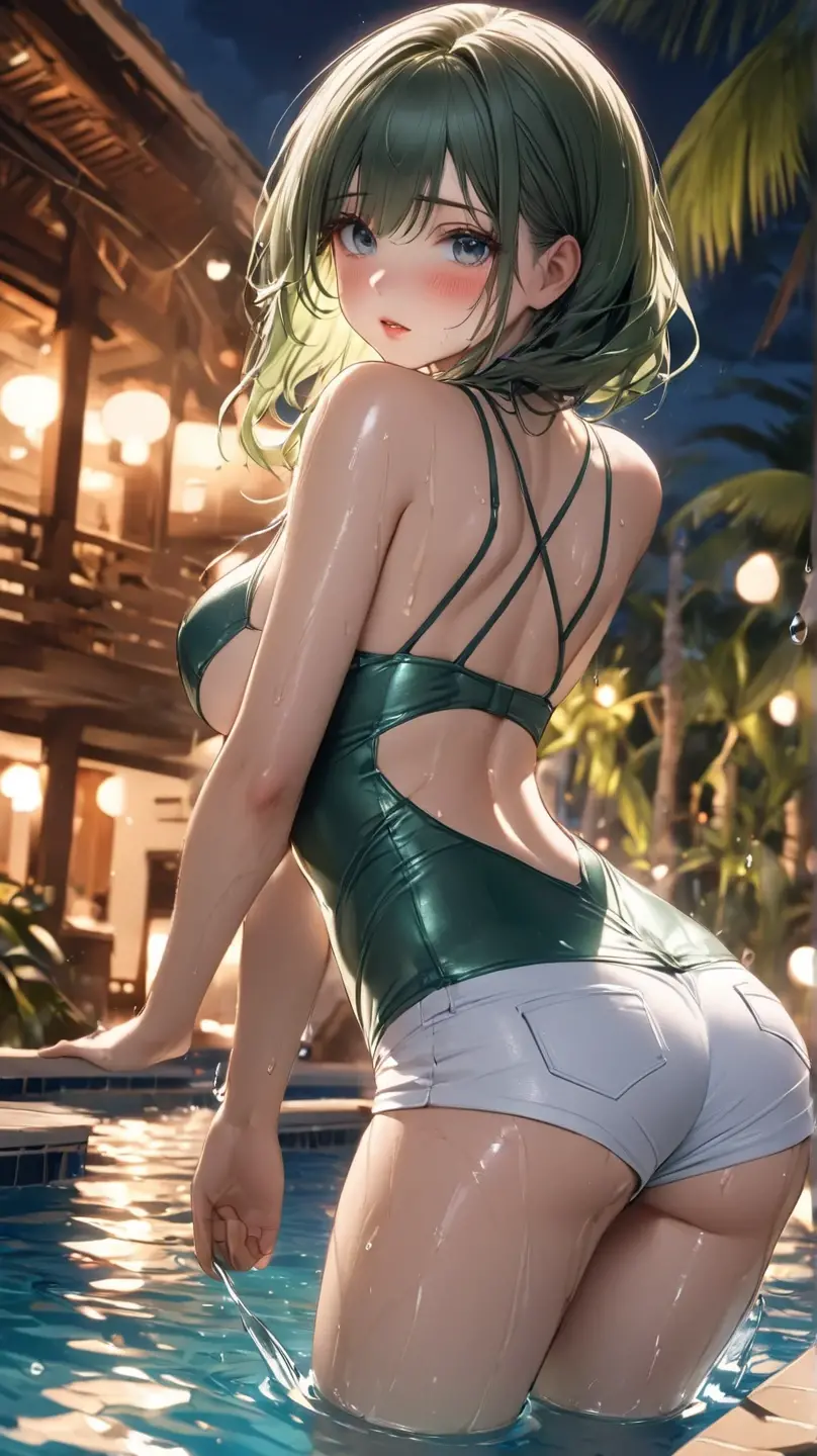 A woman with green hair, ponytail using a green pantie with no bra behind a tree