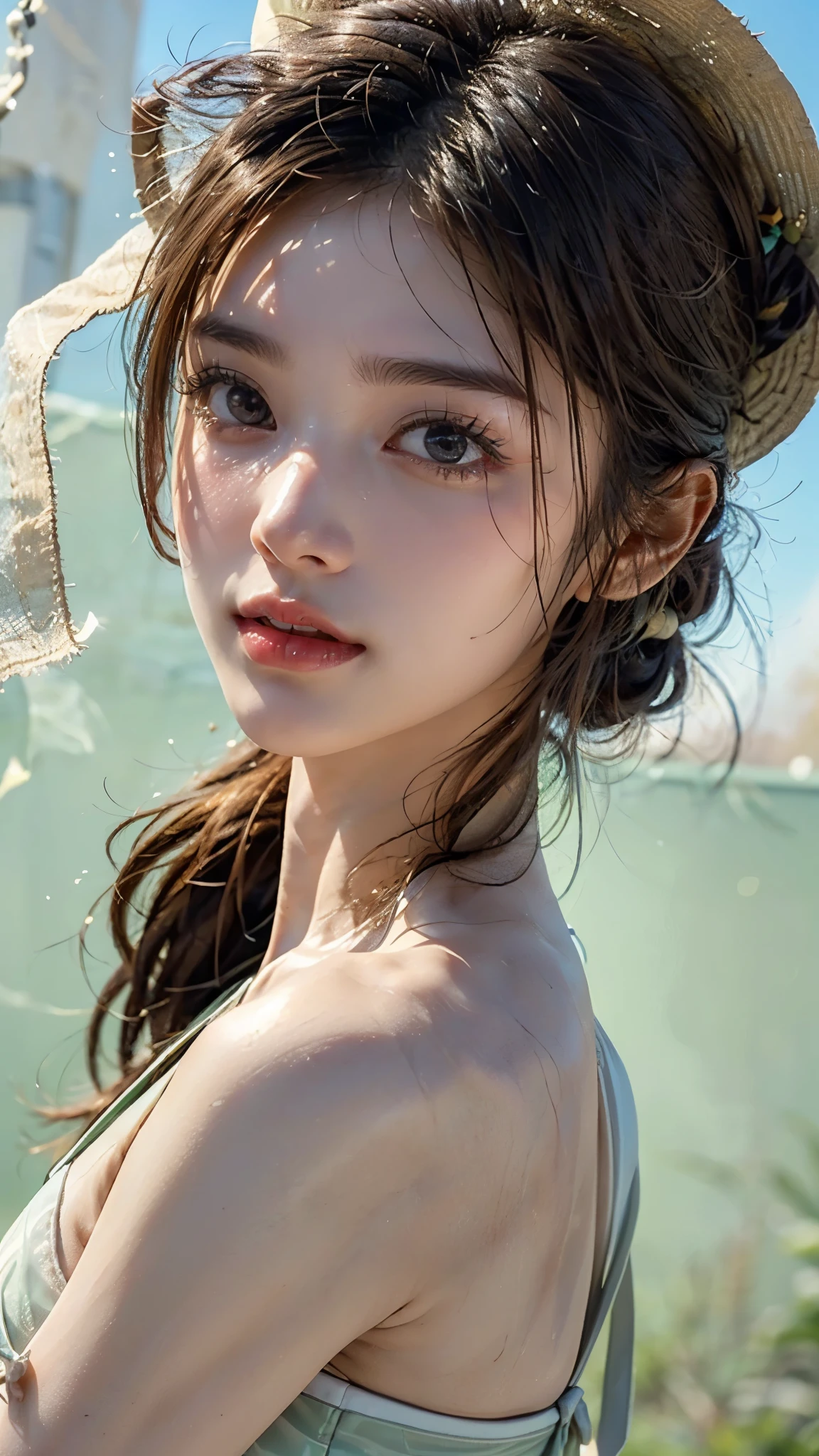 realism, highest resolution from vagina,software, (most absurd quality ), (Top Quality Real Skin ), ((Completely-Blowed)), ((Little Sana Head), but it's a pity that there is an error in the anatomically accurate:1.4), ((Firm, Fuller Breasts :1.3)),(most absurd quality  perfect eye), ((face focus,Beautiful sharp face :1.2), very well detailed:1.2), ( bright skin), (( Clear and Unfoggy 、Sharp Perfect Round Realistic Dark_eye:1.35), very well detailed:1.4),  Finely Detailed Papyrus , detailed lips:1.3, ( quality improvement:1.4), 1.  lady, supermodel, , perfect anatomy from a shellfish:1.37,  Smooth lighting, Japanese woman, Cyberpunk Woman, action, gravure, (Simple Skeleton Mask to Cover Your Mouth:1.21), Spring-like Dress, (A fresh light green one-piece dress with a sense of spring:1.37), (Straw Hat 1:1), no background:1.1, (Dark eye), Symmetrical eye, thin lashes, Shaping your eyebrows, Natural Makeup, (flat chest:1.37), (  Slender Lower Body  ), shiny brown hair,  Long bangs , (ponytail hair:1.21),  Movie Light ,