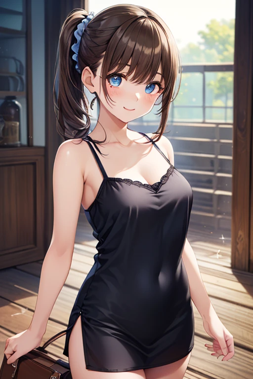 (morning), 1girl, solo, looking at viewer, winter, cowboy shot, (downtown), cowboy shot, piece sign smile, brown long wave hair,peal skin shiny skin