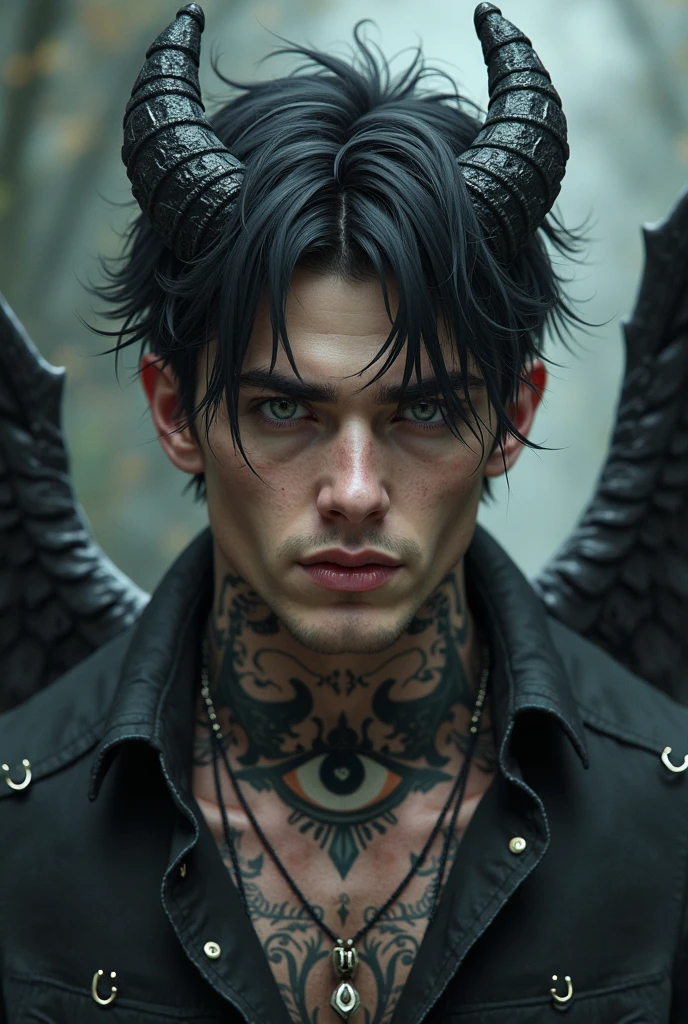 black hair, short ponytail, widow's peak, Angel Halo, demon horns, multicolored eyes, pointy ears, smile, young man, Conceptual art, Realism, chiaroscuro, anatomically correct, textured skin
