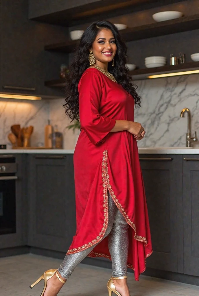 Create a Indian beautiful girl wearing a maroon colour dress, she cooking on royal kitchen‌ And eating food 