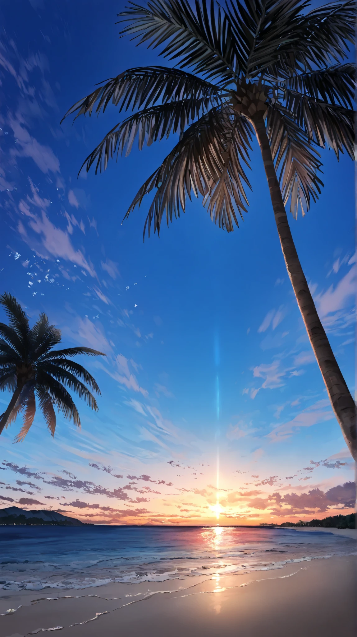 There is a palm tree on the beach with the sun setting - SeaArt AI