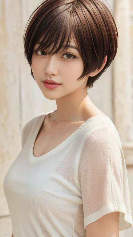 1girl, bethel, blue eyes, bare shoulders, breasts, medium breasts, short hair, white hair, hair over one eye, bangs, gloves, sleeveless, solo, shirt, fingerless gloves, white shirt, sleeveless shirt, arms behind back, off shoulder, horns, smile, (masterpiece), (best quality), (ultra detailed), indoors, simple background, blue flowers,