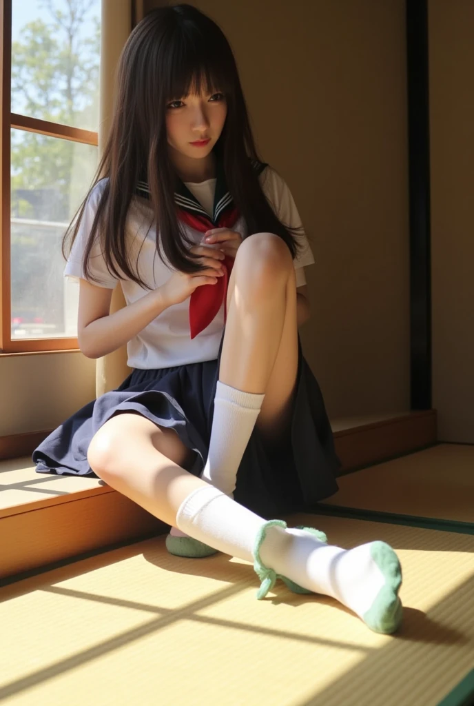 An ultra-high picture quality、Perfect Photo、13-year-old beautiful girl、Japan beautiful girl、middle school girl、light skinned、slender、tiny chest、Lying on his back on the bed、a miniskirt、Raised mini skirt、With bangs、ankle、Crying face、is crying、Prone eyes、Semi-long hair、Straight hair、girl's own room、toe、sole of feet、thighs thighs thighs thighs、lying back on、Skinny Legs、