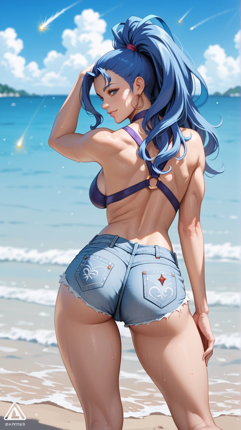 ((nsfw)) masterpiece, best quality, beach, vivid colors, woman, swimsuit, ass, from behind, sun hat, topless,