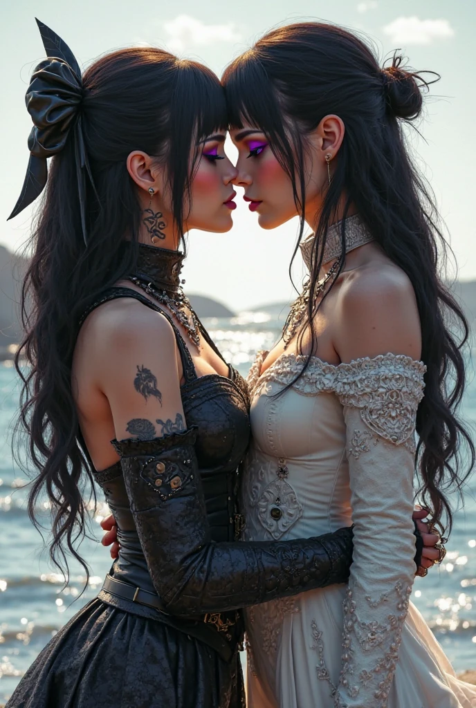a detailed painting of girls with sprigs and flowers in her hair. wearing corset frills, inspired by Alexander Bogen, Greg Rutkowski. black-white-pink-silver-yellow colors, full dynamic color, close up character, intricate punk woman with runic face tattoos, kiss, hug, kissing breasts, short blonde hair, in a shadowed archway, medieval, urban, alley, night