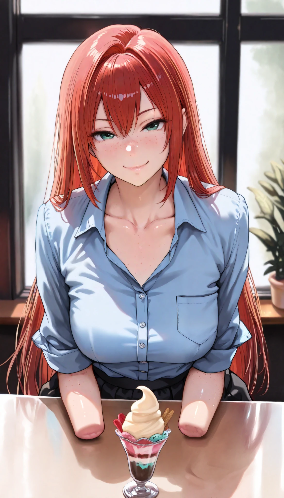 beautiful armless amputee girl dressed in blue shirt with rolled sleeves and skirt sitting the shiny ice-cream parlor, girl, cute, sassy, smile, green eyes, (freckles), redhead, ((long straight red hair)), ((light blue button down shirt)), (((rolled up sleeves))), ((missing forearms)), ((elbows)), ((amputee)), (((arm stumps))), (((collarbone))), big chest, (chest pocket), looking at viewer, ice-cream parlor, masterpiece, best quality, amazing quality, realistic, hyper-detailed, (arms on the table), shiny window, ice-cream on table