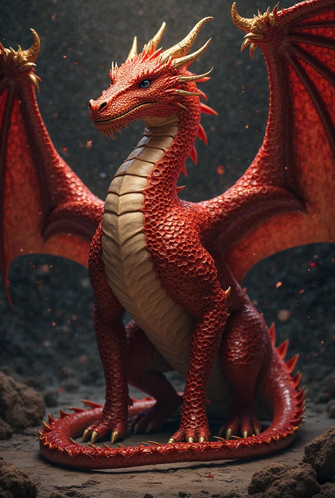 A red dragon with 2 large wings sleeps on a bed of tiny golden coins in a cave illuminated by moon light.