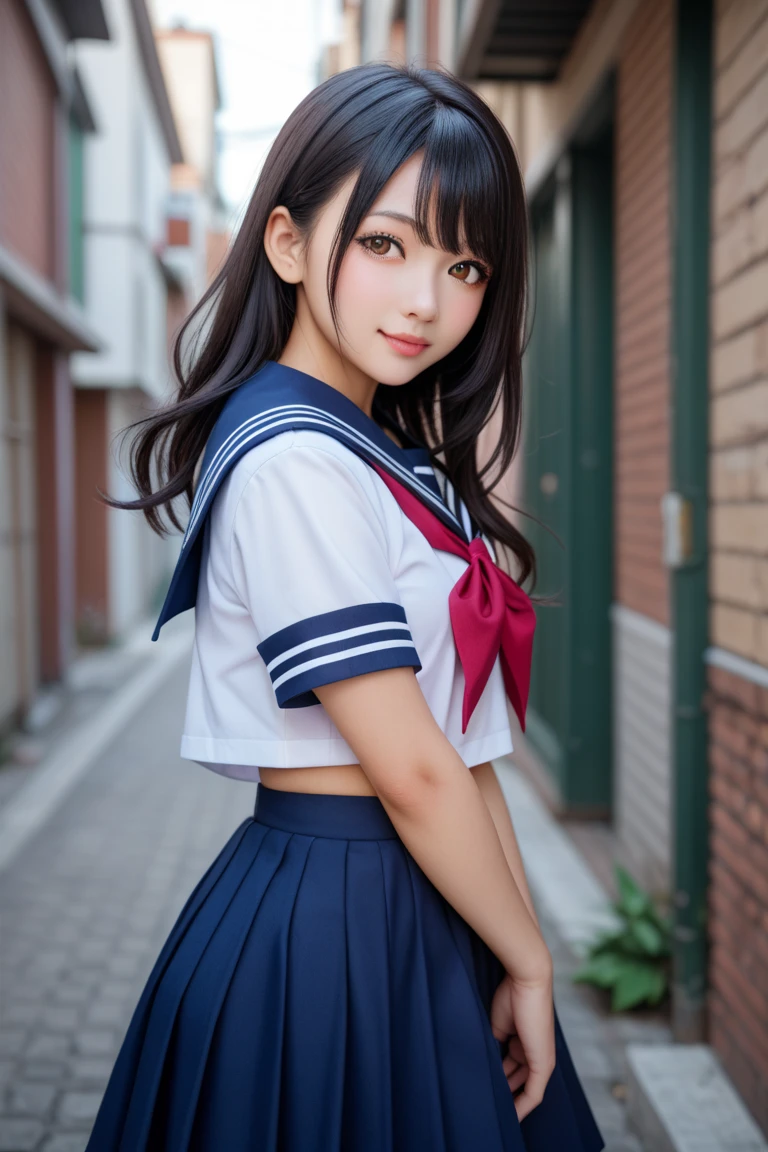 (masterpiece, highest quality:1.2), 8k, official art, RAW photo, incredibly absurd, ( sailor suit, serafuku:1.4), amazing beautiful girl, amazingly cute face, (navy pleated skirt:1.1), close, school uniform, short sleeve, gardenia, violaces, , street, looking at the viewer with a smile, no makeup, film grain, chromatic aberration, sharp focus, face light, dynamic lighting, cinematic lighting, detailed eyes and face,short hair、 background bokeh、super slim thighs、((Erotic Panties are showing through、beautiful pussy line:1.1))、(High twin tails with ribbons:1.4),,(((A child with an extremely cute young face:1.35))), 、(very young with big breasts:1.2)