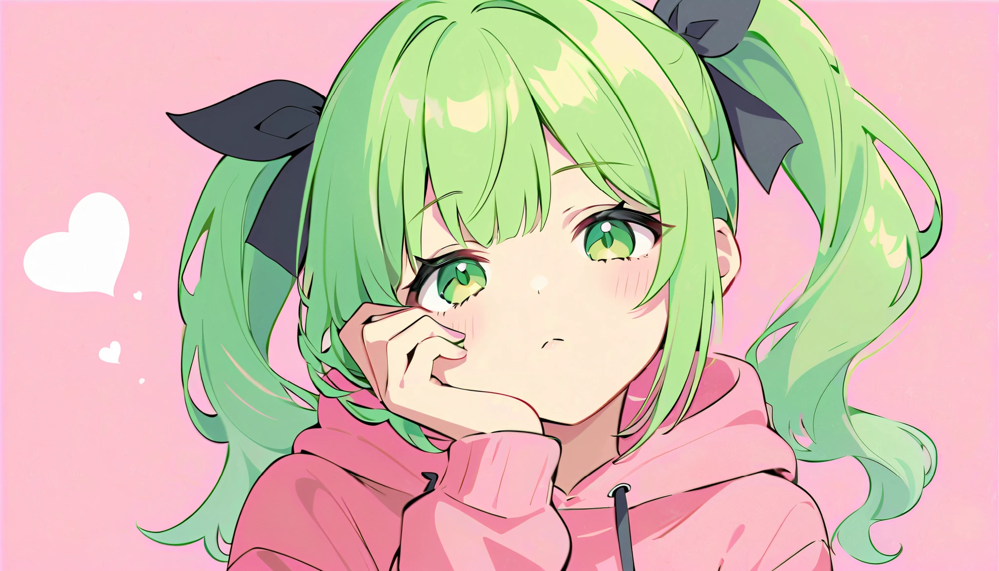flat color, A character drawn in a manga style,
1girl, solo,
A girl resting her cheek on her hand,
soft dreamy expression,
green hair, twin tail, green eyes,
looking at viewer, upper body,
from below, hoodie,
simple background,