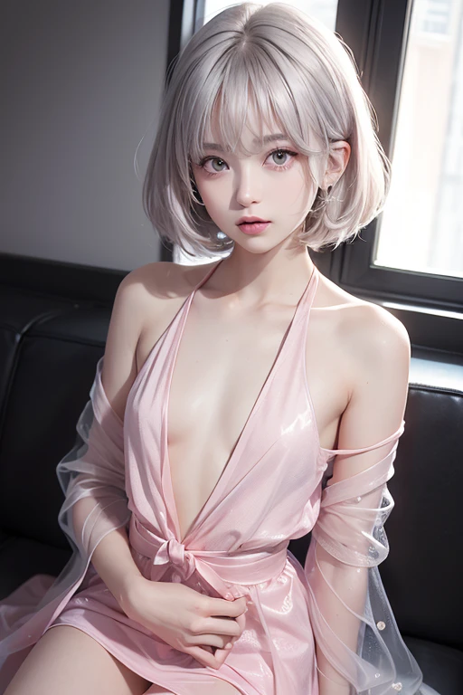 (8k, Photorealistic, Raw photo, Highest quality: 1.4),Japanese idol-style beautiful girl,18-year-old,Short Bob,Silver Hair,Big, clear grey eyes,Long eyelashes,Healthy, plump lips,He was wearing a white silk pajama jacket with all the buttons undone and the collar hanging down to his shoulders, exposed to his bare skin.,Both shoulders are visible and the chest is open wide.,I'm not wearing a bra,Wearing black lace panties.Waking up,Sitting on a bed with knees raised and legs apart,Panties are visible,Arms are placed behind the body and the torso and head are tilted back,Looking at the camera