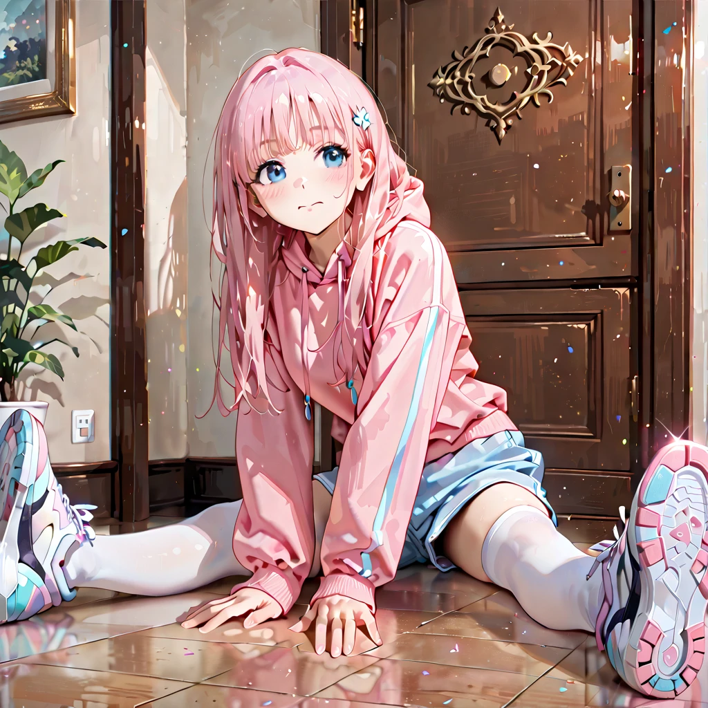 Best Quality, Masterpiece, 8k, RAW, Pink Silk young Cat Ear Girl, Cute, pink long hair, running towards viewer with wide spread arms, hugging, excited Expression, pink Clothing,Full-body portrait