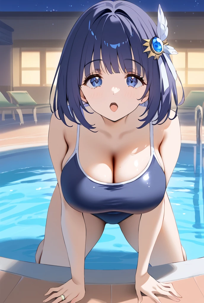 (masutepiece:1.2, Best Quality, Top Quality, Lens Flare, Depth of Field,), (Close Up: 1.3), (Wide Shot, Fisheye: 0.85), Face Focus, [1 girl in, expressioness,big boobs,swim wear, smile] ,(Magazine cover:1.5)
