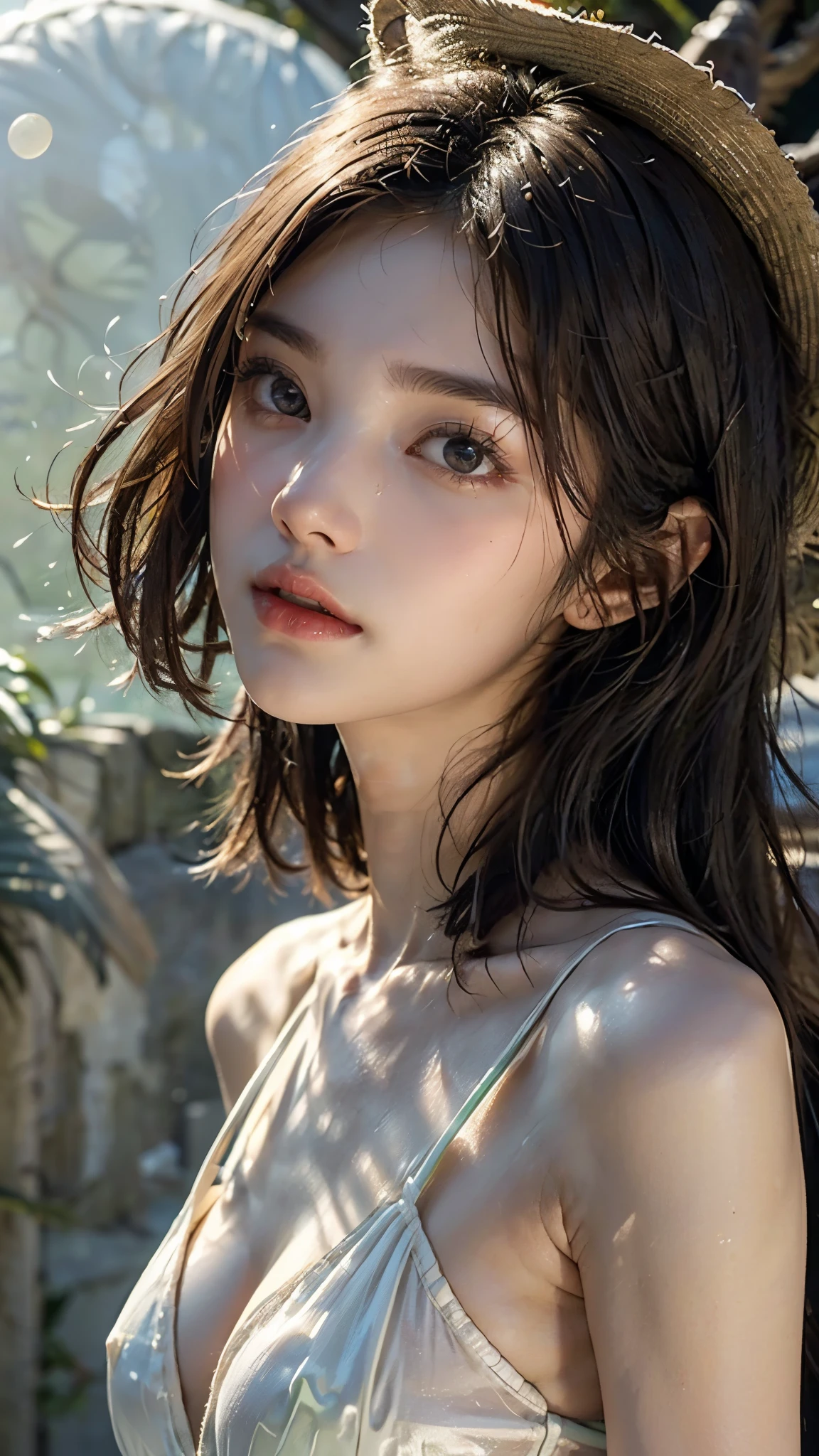 realism, highest resolution from vagina,software, (most absurd quality ), (Top Quality Real Skin ), ((Completely-Blowed)), ((Little Sana Head), but it's a pity that there is an error in the anatomically accurate:1.4), ((Firm, Fuller Breasts :1.3)),(most absurd quality perfect eye), ((face focus,Beautiful sharp face :1.2), very well detailed:1.2), ( bright skin), (( Clear and Unfoggy 、Sharp Perfect Round Realistic Dark_eye:1.35), very well detailed:1.4), Finely Detailed Papyrus , detailed lips:1.3, ( quality improvement:1.4), 1. lady, supermodel, , perfect anatomy from a shellfish:1.37, Smooth lighting, Japanese woman, Cyberpunk Woman, action, gravure, (Simple Skeleton Mask to Cover Your Mouth:1.21), Spring-like Dress, (A fresh light green one-piece dress with a sense of spring:1.37), (Straw Hat 1:1), no background:1.1, (Dark eye), Symmetrical eye, thin lashes, Shaping your eyebrows, Natural Makeup, (flat chest:1.37), ( Slender Lower Body ), shiny brown hair, Long bangs , (brown long wolf cut hair:1.21), Movie Light ,