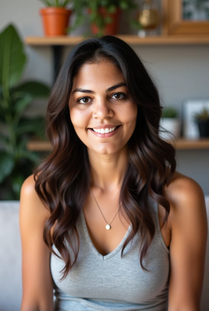 Create a woman influencer. Viry realstic. 20 years age. Fair face. Cute face. Baby pink top wearing. Slim nose. light brown eyes. Beautiful lips. Beautiful face. Beautiful eyes. Indian women. And hi is the lovely women. Realistic background. she is sitting on the sofa.