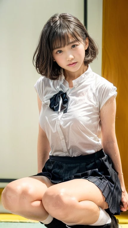 real world、High definition写真、8K、High definition、Ultra Detail、Photorealistic、High resolution、Realisticで正確な描写、Realisticで正確な人体構造、Highest quality、Japanese women 、beautiful girl、(masterpiece:1.2, Highest quality), (Realistic, photoRealistic:1.4), Vivid、 Looking at the audience, whole body, Front view:0.6, 1 girl,、 ((Super Short Hair:1.5)), Let your hair flutter, bangs, Hair between the eyes, Big Breasts:0.8, Beautiful Hair, Beautiful Face, Beautiful and detailed, Beautiful clavicle, Beautiful body, Beautiful breasts, Beautiful thighs, Beautiful legs, Beautiful fingers, (Beautiful views), , School, ((((Plain white shirt、Regular collar shirt)))),((Checkered Pleated Skirt, A bow tie)), Dough panties, (Are standing, , Flip up the skirt, Grab the hem of the skirt, please put your hand on your chest, Place your hands between your legs), blush,、Exposing cleavage、(Urinary incontinence、incontinence、Urinating、urination、Urine stains、Large amounts of urine、シャワーのようなUrinating、Pee、The groin is wet with urine:1.5)、Pleasure、certainly、Spread your legs