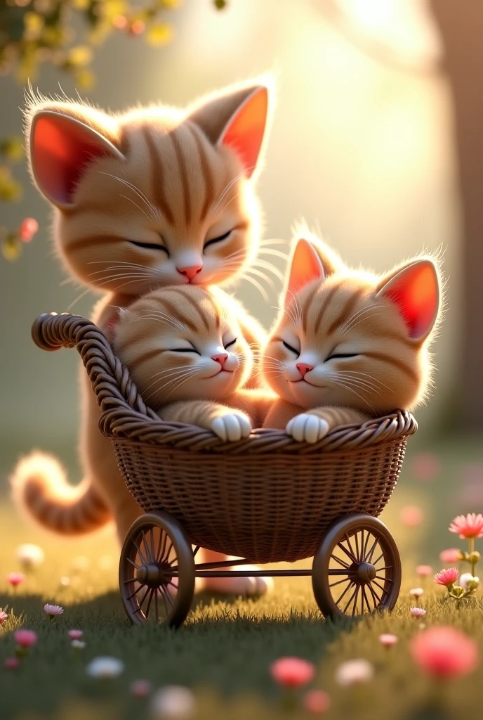 A red striped kitten sleeps in a wicker basket, A mouse sits next to him and looks at him