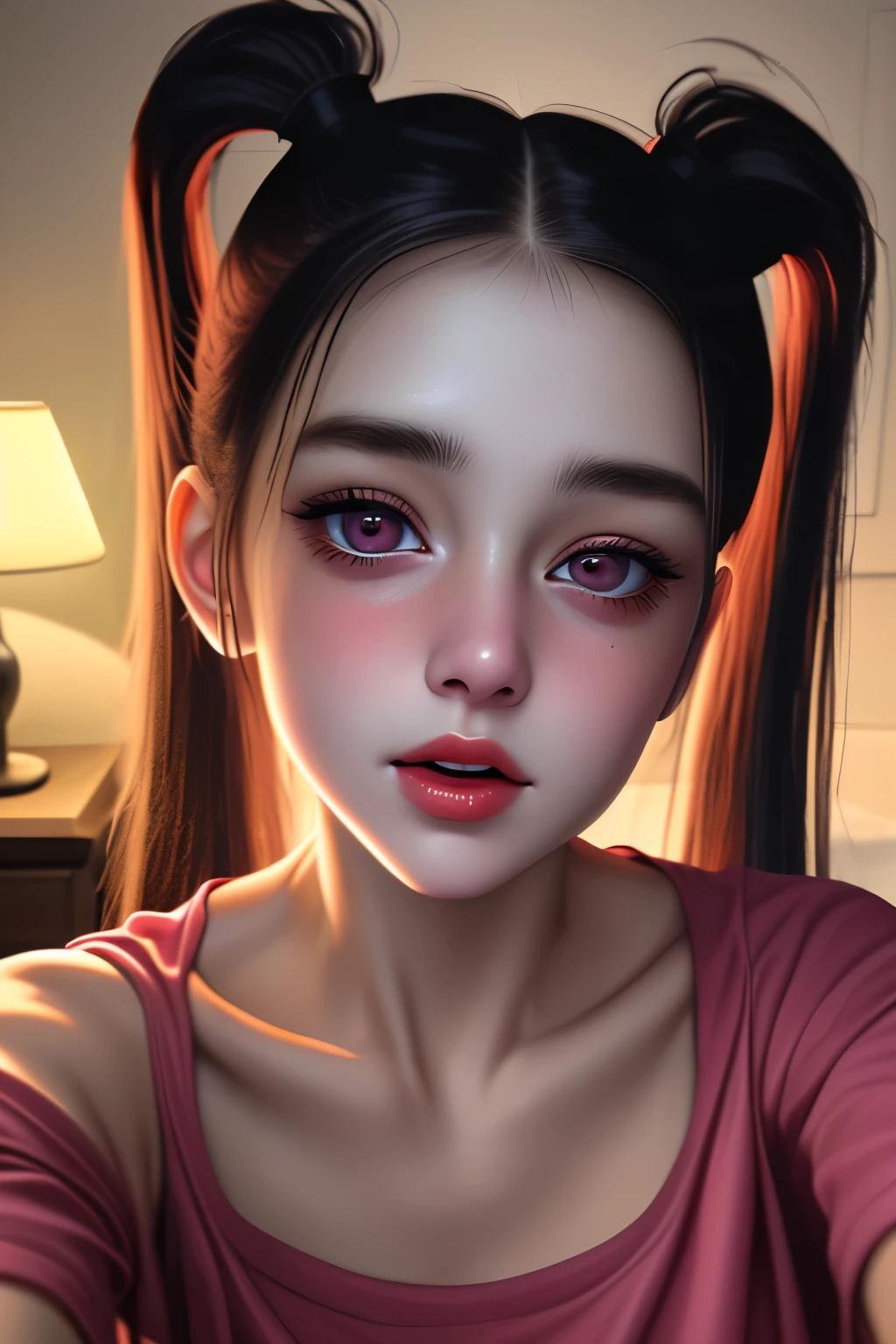 Amazing portrait of a close up shot of a cute and sexy girl with her black hair in two medium ponytails and her sexy eyes making intense eye contact during night time with soft lighting highlighting her small nose and red lips as she has an orgasmic face wearing a dark pink t shirt showcasing her neck and collarbone and her bare shoulder as she lays in bed in her dark bedroom with one lamp