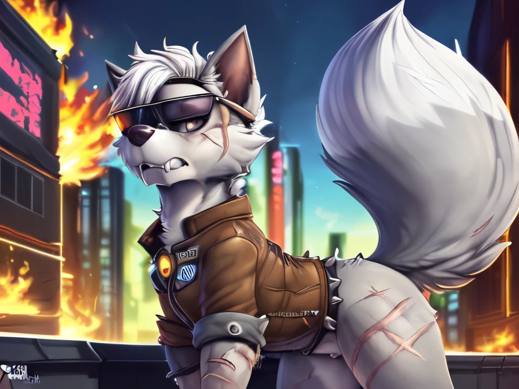 Gasket, ((Paw Patrol)), ((female solo)), domestic dog, female, adult female, brown eyes, (((gray fur)), ((gray body)), (wearing brown leather jacket:1.25), (wearing spike wristband:1.25), (feral:21.25) (quadruped:2.25), (hair over eyes:1.25), (white hair:1.25), ((sharp teeths)), ((large fangs)), gray eyes, (Shiny eyes:1.6), ((Pixar eyes)), perfect eyes, ((glowing eyes)), (hyper realistic:1.65), long fluffy tail, very large tail, tail up, very furry and fluffy, ((very large fangs)), perfect ligthing, (Cyberpunk city background:1.25), (building at fire at background:1.65), (back side view:1.45), looking at Viewer, ((seductive break)), ((spread legs)), spread legs, (rajii:1.1) (dimwitdog:1.1), (thesecretcave:1.25), (cooliehigh:1.1), (miles-df:1.1), (complextree:1.1), (pixelsketcher:1.1), (foxovh:1.1), (zaush:1.1), (avante92:0.70), (meesh:1.1), (inu-sama:0.80), (cervina7:1.1), (F-R95:0.70), (R-mk:1.1), (xpray:1.1), (standing tall:1.65), (large fluffy tail:1.65), (close up to face:1.25), (pissed off expression:1.45), (scars all over her body:1.65), (wearing sunglasses over head:1.45)
