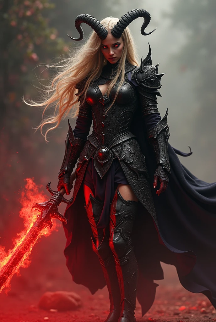 fantasy art, RPG art, Dark fantasy art, ultra wide shot, RAW, photorealistic, a picture of female human ranger and her wolf pet, the ranger, an exquisite beautiful human woman, long blond hair, braided hair, green eyes, wearing leather armor, wearing (red cloak: 1.1), armed with a (sword: 1.3), wearing laced boots, standing in a dark forest at night, (mist rising from the grounds: 1.3), a sense of dread and fear, yet she stands defiant and fearless, her wolf pet stands near her, protecting her, dark fantasy forest background, best quality, 16k, [ultra detailed], masterpiece, best quality, (ultra detailed), full body, ultra wide shot, photorealism, Sword and shield