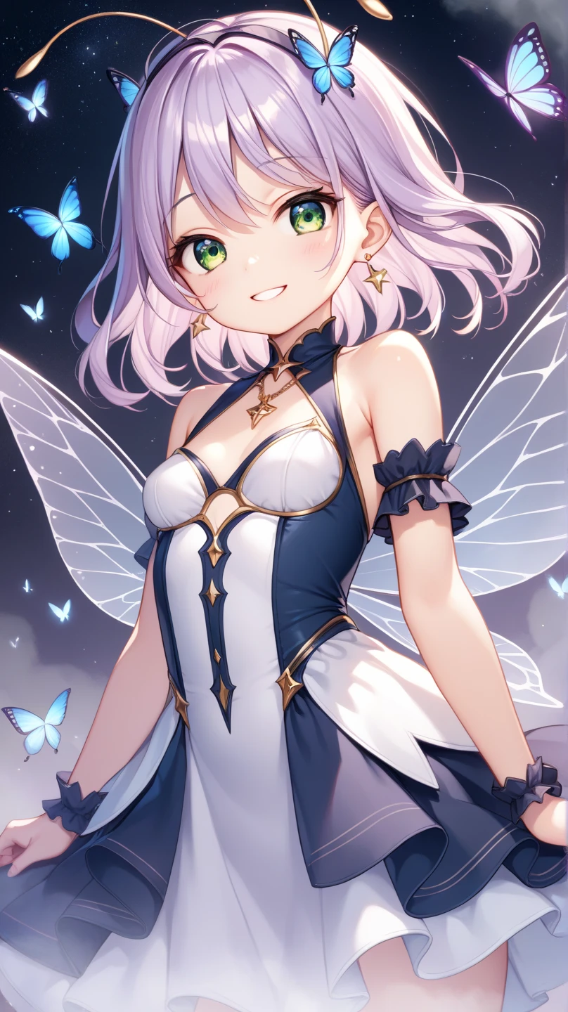 masterpiece, Concept Art, (Very detailed), Fairy Butterfly 1 Girl, Butterfly Wings, cute, elegant, Flowing purple hair, Magical Dress, magnum opta fly:1.5) Flying around her, Mythical Forest, Bathed in the fantastic moonlight, Tranquility, (Watching the audience), Bright colors, Volumetric lighting, hd,Panty shot,Panty shot,Panty shot,((whole body))((Get closer to people))