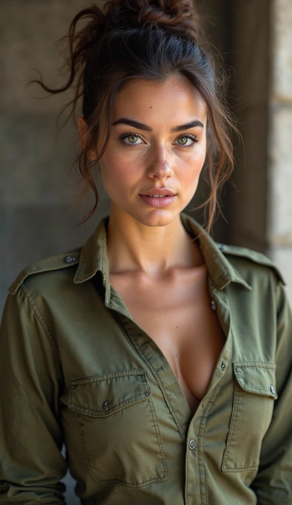 Photorealistic portrait of a 27-year-old French woman with long, wild, wispy black hair and stunning green eyes. The hair is styled in a high, elegant ponytail. Her skin should be natural and freckled. She should have a natural, approachable expression and be lit by a soft, golden light. She should smile. The background should be a military camp. Capture this image with high-resolution 4K photography using an 85mm lens for a flattering perspective. She's wearing green and black tactical clothing.