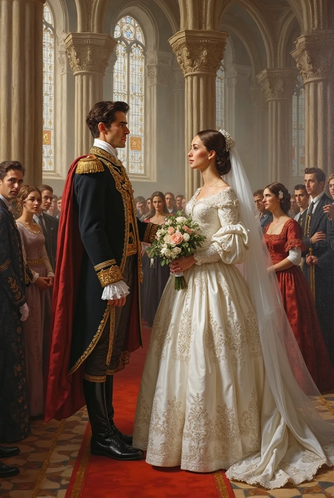 (masterpiece), 19th century, bride running away from the wedding, transparent veil, church decorations, (ideal face: 1.5), ultra high resolution, neckline, full body, consummate masterpiece, perfect work of art, realistic painting, oil paint , Best quality, High background detail, Painterly drawing, Low contrast, Essence, Softness of light, Candle lighting, art by Vasily Pukirev and John Singer Sargent and Gustave Courbet and Ilya Repin