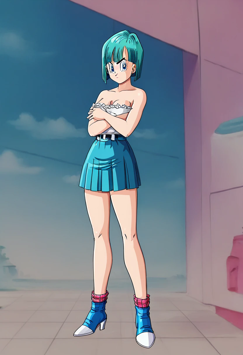 (best quality,artwork,anime,portrait),(Bulma from Dragon Ball,short dress,white wedding dress,inside a Park,bright eyes,loose hair,white stockings,beautiful smile)