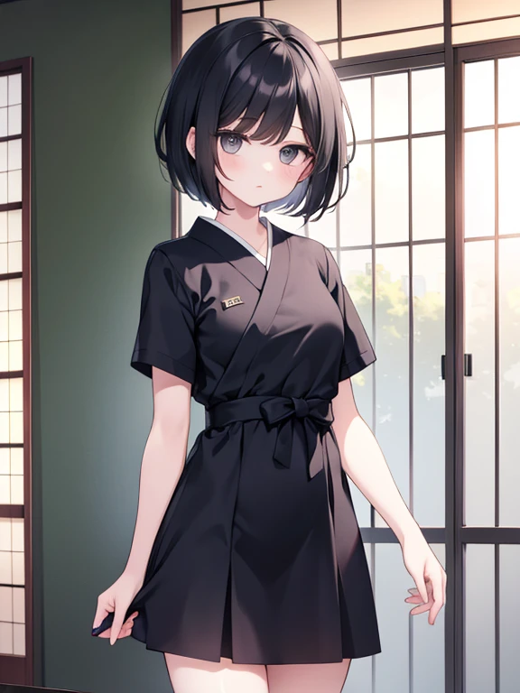 masterpiece,(Perfect Anatomy),cowboy shot,(1woman,solo),cowboy shot,20歳の美女、black hair,short bob hair,a smile,(小さい頭:1.3,skinny:1.3,slender body,medium breasts,gleaming skin,oily skin,shiny skin),((陸軍士官服姿、ミニスカート)),standing,陸軍基地、