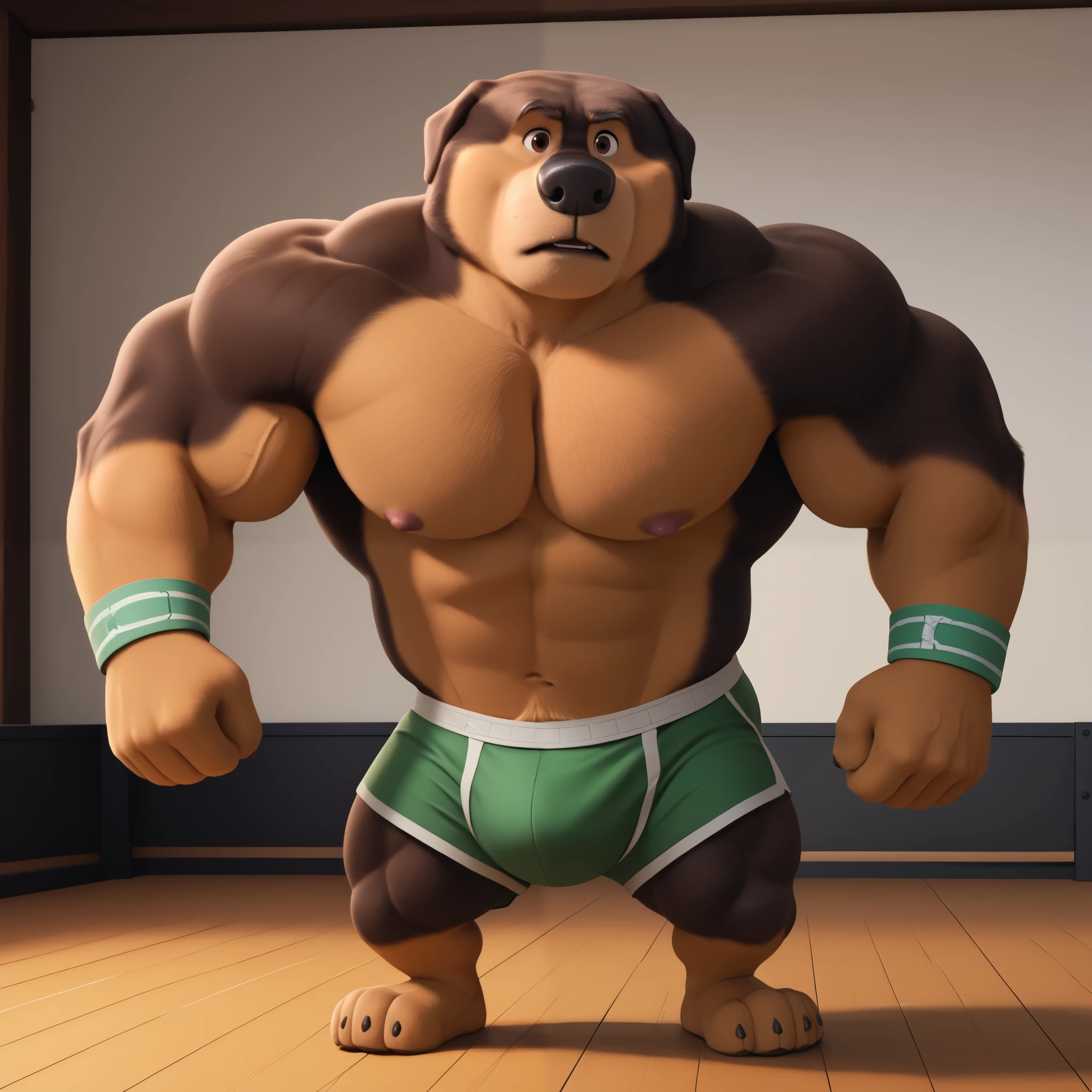 score_9, score_8_up, score_7_up, cartoon_style, ((by BodiPhant0m)), byBodiRDz, 4k, 8k, The best quality, very well drawn, detailed, high quality, detailed, 4k, high resolution, high quality, high resolution, Khampa, detailed, high quality, detailed, 4k, high resolution, high quality, high resolution, furry character, canine, 2d, solo, stage background, rockdog, khampa, style rock dog, movie style, style[rockdog], rockdog, male, Tibetan mastiff, mastiff, dog boy, dog, khampa, Tibetan Mastiff with brown-and-tan fur with tan fur on his muzzle, hands, feet, black nose, brown eyes, middle aged, thick muscular, full body, Height: 6'10", Weight: 358lbs, shirtless, wearing a green Speedo, wristbands, bodybuilding competition, bodybuilding pose, flex, 