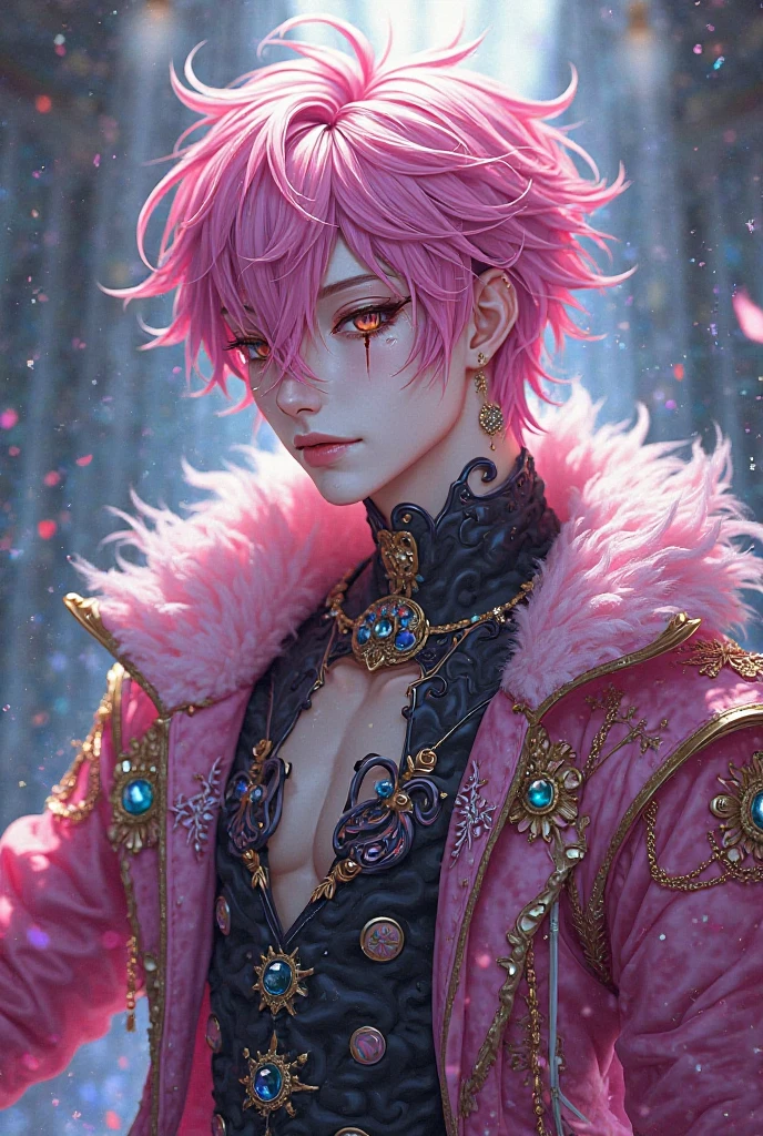 1boy, , with long purple bangs and dark blue eyes,,、Lots of piercings、Soft eyes