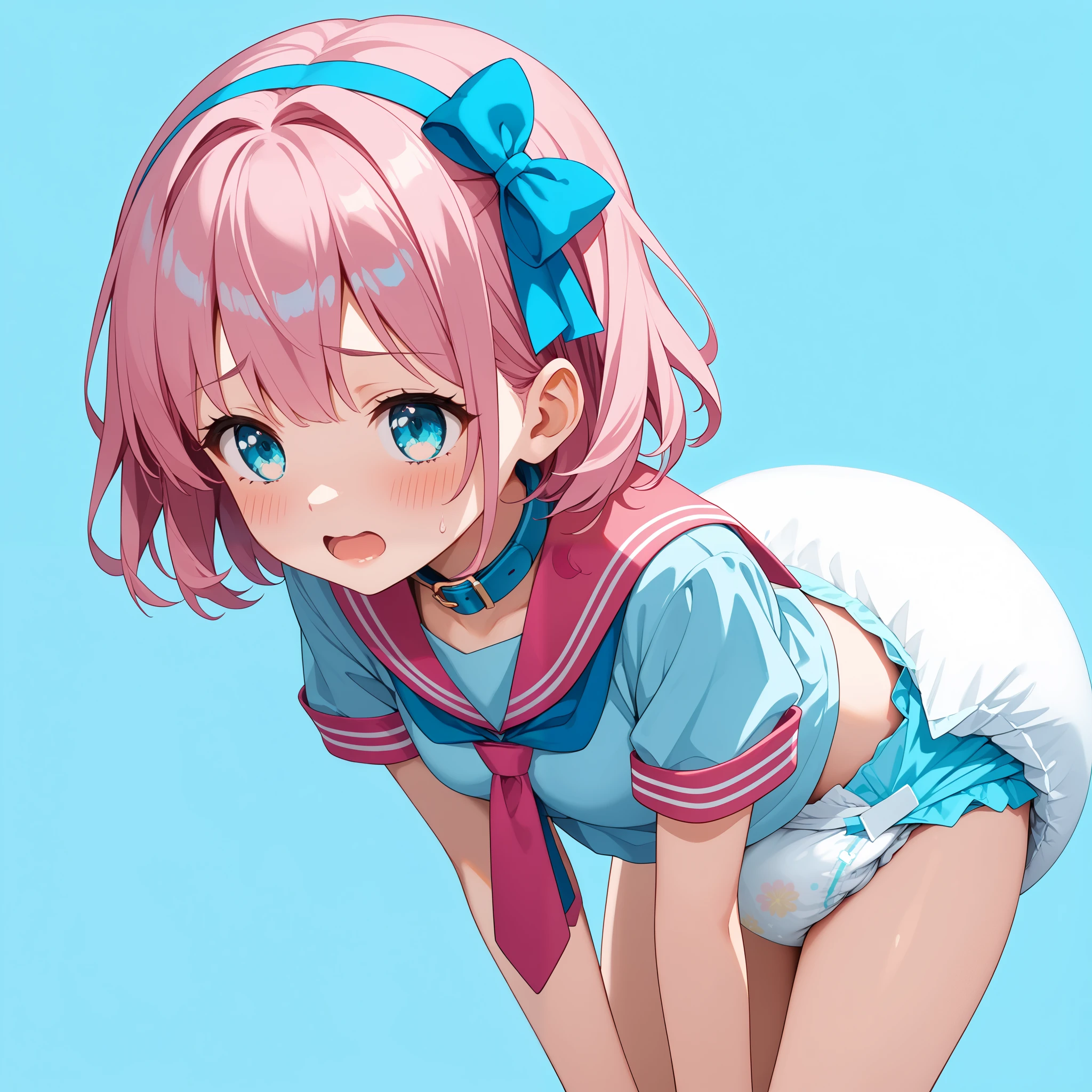 "score_9, score_8_up, score_7_up, source_anime, anime, solo focus, 1 girl, short messy pink hair with blue bows, slightly embarrassed or uncomfortable expression, wearing a pink sailor-style blouse with collar and tie, cute appearance, exaggerated pose leaning forward, a dirty and full thick diaper (possibly related to a specific art style or fetish), simple light blue background contrasting with the characters' colors, minimalist art style with soft contours and pastel colors, clean and focused look. 8k, perfect anatomy, top quality, super detailed (ultra detailed), extremely detailed unity CG 8k wallpaper, ultra hires (glossy skin: 1.2)."
