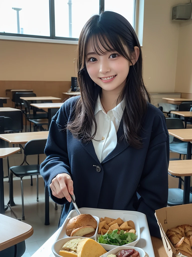 Best Quality、Masterpiece、High resolution photos、8k，1girl,Sitting on a chair、Eating a sandwich,holding a sandwich in both hands、Kitchen tableの上に 大量のサンドイッチがある、looking at the camera、laughing、Office uniform、check vest、skirt、slipper、Kitchen table
