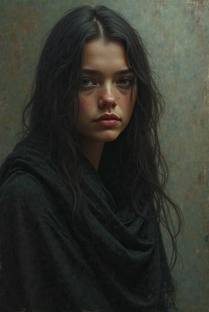 a girl of about fifteen with long, rather wild black hair. She was gauche in movement and in a sense, ugly of face, but with how small a twist might she not suddenly have become beautiful. Her sullen mouth was full and rich. Her eyes smouldered. A yellow scarf hung loosely around her neck.