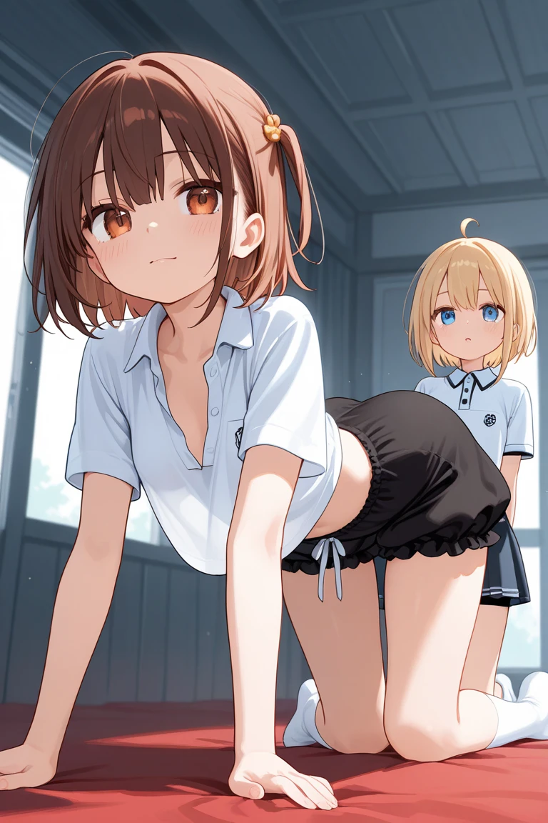 1,girl, MakaAlbarn , plaid skirt, striped necktie, twintails, gloves, sweater vest, light brown hair, serious, crossed arms, upskirt focus view, blue striped panties, wet panties, panties close focus, under view, skirt lift, wet legs, back view 