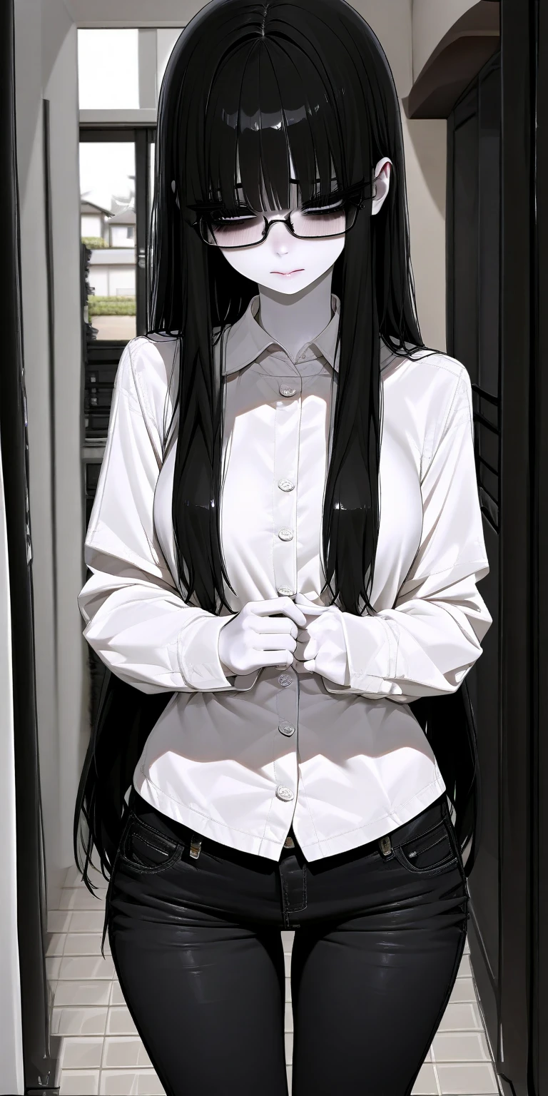 (Ultra detailed skin), pale skin, (super thin hair),(ultra soft hair),(ultra straight hair:1.5),Swept long bangs, (((black Hair))) over one eye,blue eyes, glasses,
black, straight and silky defined hair
long white t-shirt until thighs,

(((White oversized shirt))), naked lower body, torn, mid-chest torn shirt, no underwear
