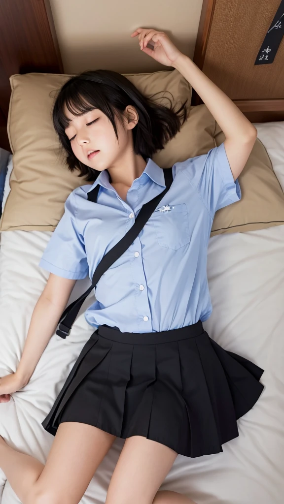 (Masterpiece:1.2), Highest quality, Japanese girl, (Very realistic), (Awesome photography style), 1 girl, ((full body)), midday, good day, straight hair, (18 years old), (((leg))), big , (Cute face), (((School uniform))), Lie on your stomach in bed, head on pillow, View from the sky above, ((Close your eyes)), ((leg spread)), Both hands on her head,
