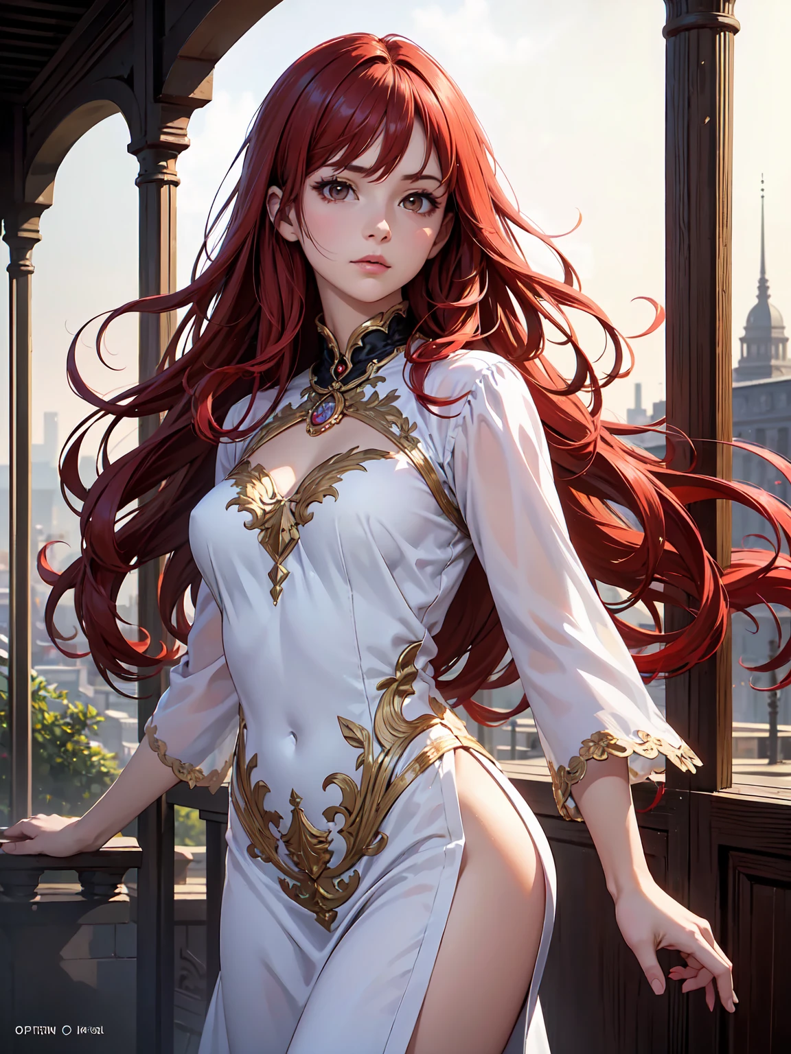 (absurdity, A high resolution), (panorama), young woman, mature, Beautiful, high, exquisite, yellow eyes, Red hair, Wearing noble clothes, Erotic clothing, white clothes, White dress, calm facial expression, single character, sexual, elegant
