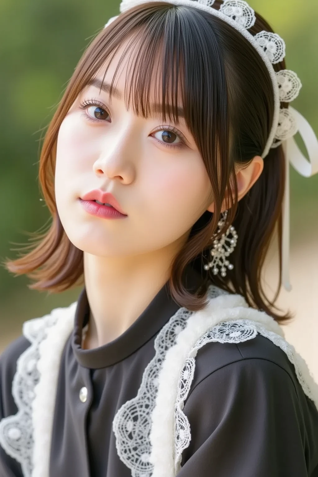 "A realistic portrait of a young Japanese woman with a sleek - SeaArt AI
