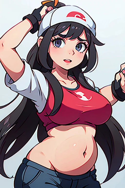 masterpiece, best quality, 1girl, beanie, black hair, bracelet, closed mouth, dawn \(pokemon\), eyelashes, grey eyes, hair ornament, hairclip, hat, holding, jewelry, long hair, looking at viewer, midriff, navel, pants, poke ball, poke ball print, shirt, short sleeves, smile, solo, watch, white headwear <lora:Dawn:1>