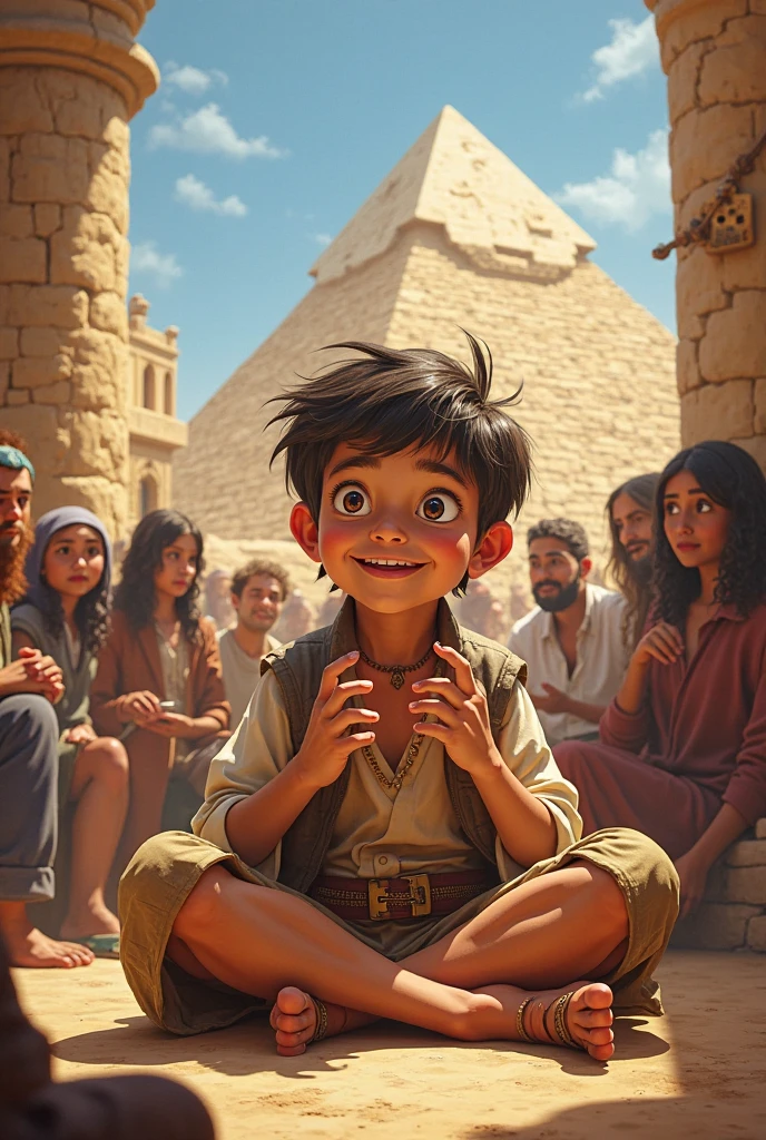 A vibrant scene from Ancient Egypt showing a very happy boy. or , dressed in typical Egyptian clothing of the time, like a kilt and a beaded necklace, is smiling broadly as he plays near the pyramids. or cenário inclui as grandes pirâmides de Gizé ao fundo, and the surrounding environment is enriched with historical details, like sphinxes and hieroglyphics. The sunlight is bright, creating a happy and warm environment