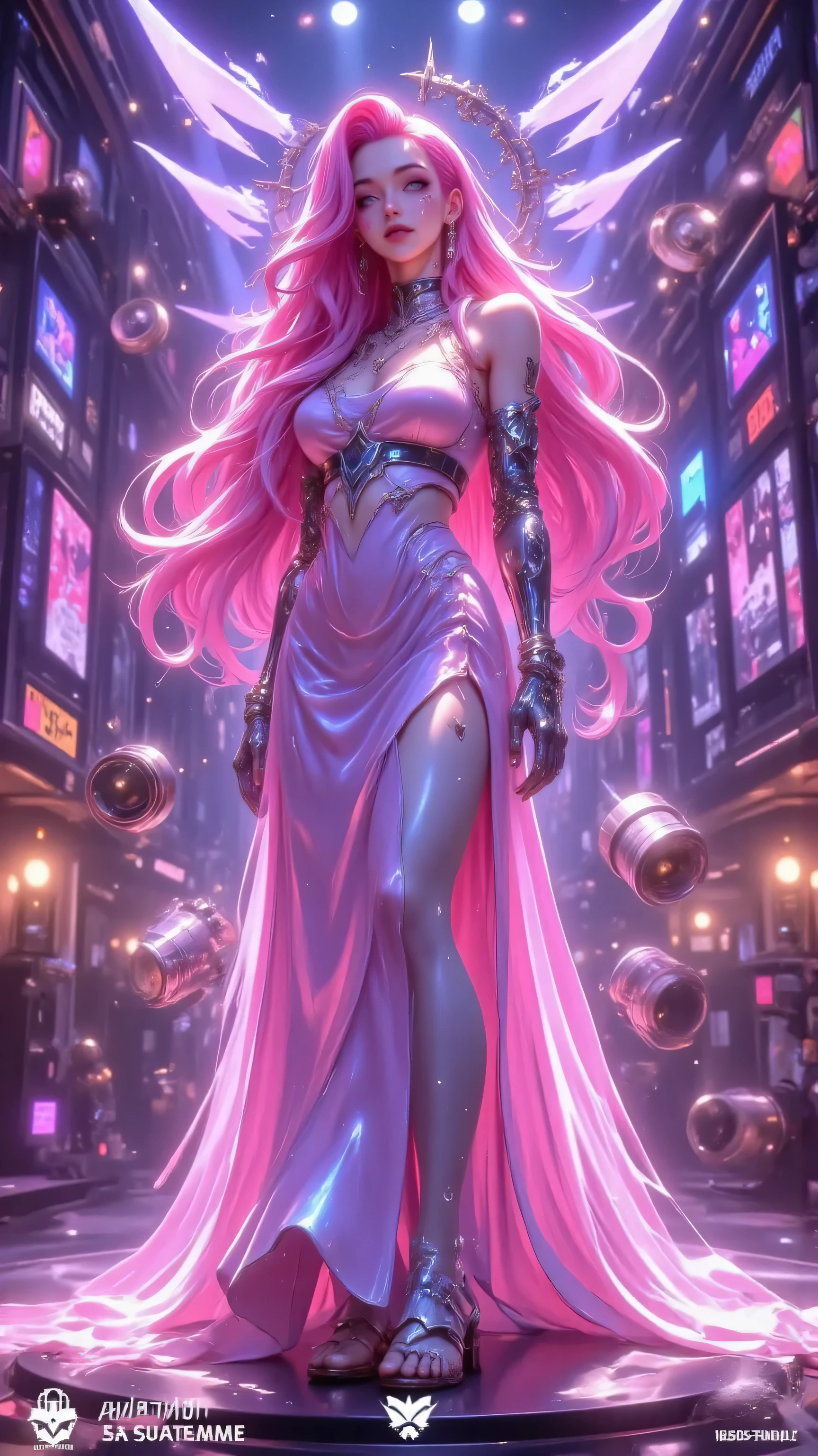 "League of Legends Seraphine, (spectacular concert stage:1.3), under spotlights, pink flowing glowing dress, floating sound speakers surrounding her, soundwave energy particle effects, dynamically flowing hair, eyes closed singing expression, dreamy neon background, cyberpunk style, wide-angle shot, ultra-detailed rendering, octane render, cinematic lighting, best quality"