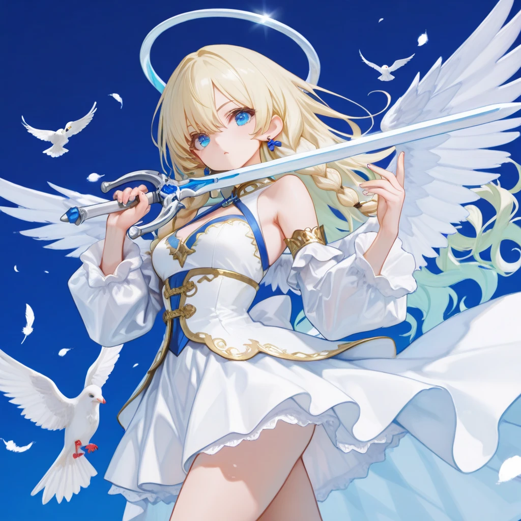 A girl with a halo on her head floats in the air,Holding a giant sword in his hand。Six pairs of huge white wings,huge tit,Blonde hair,Golden glowing eyes,divino,Misty,ribbon,Fog surrounds,clear sky background,extreme hight detail,White lace underwear,Show off white lace thong panties,Miniskirt,Expose all chests