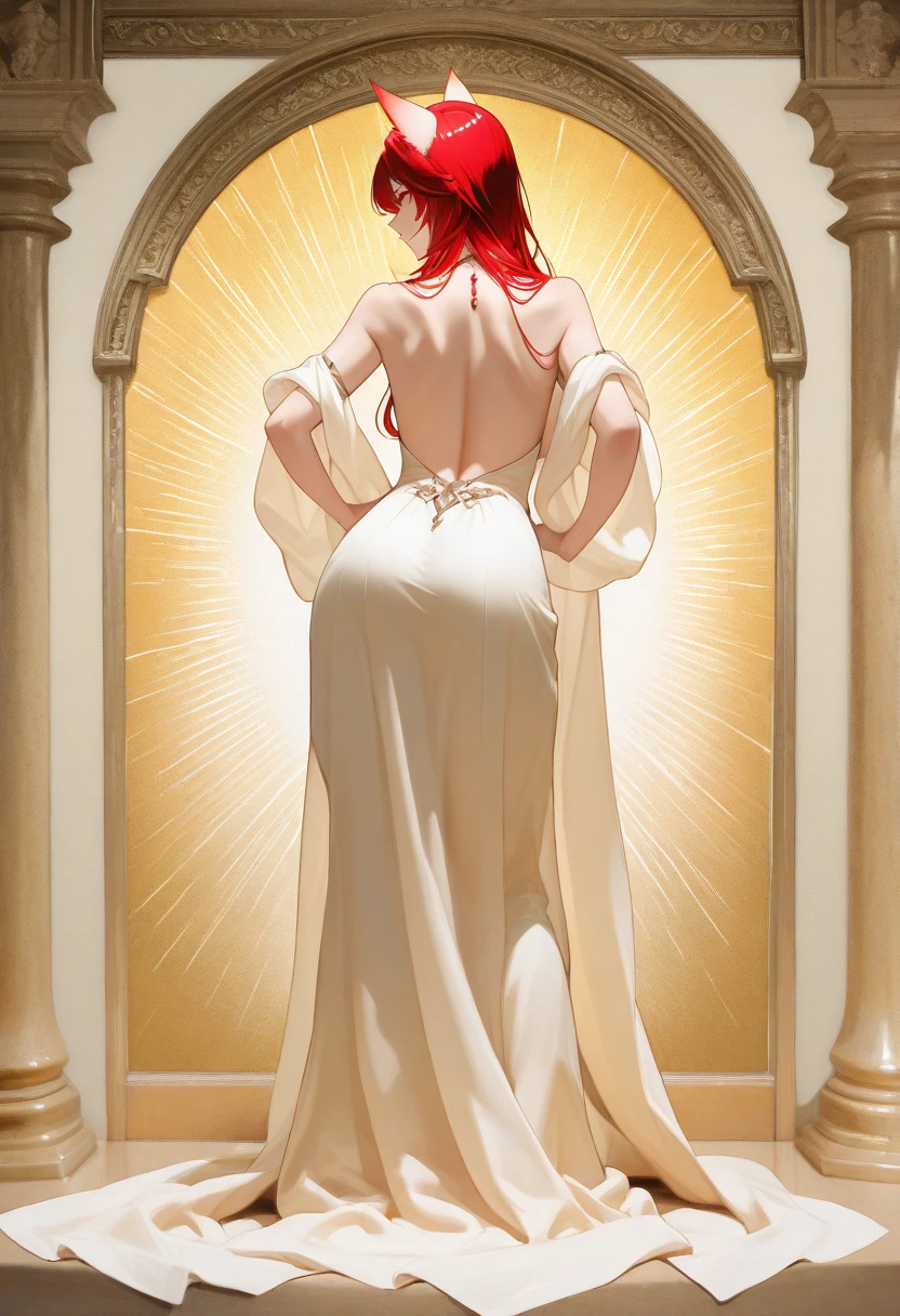 red haired woman tender look, features similar to scarlet johansson in a church, nude quadruped pose