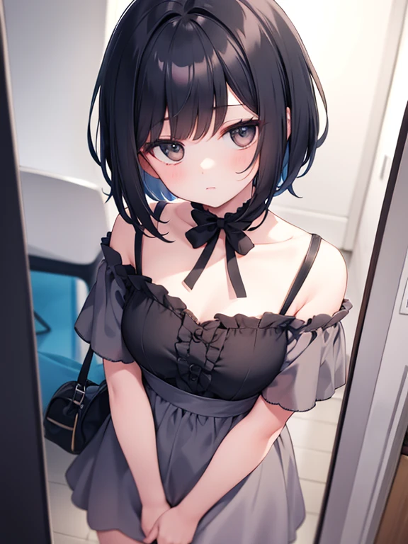 black men's suits,ブラックサングラス,masterpiece,best quality,super detailed,super fine illustration,dynamic angle,extremely detailed,highres,8k,(small breasts),cute,kawaii,1girl,black hair,10yo,short hair,standing,black eyes,(in bathroom background),BREAK she is sitting on toilet.