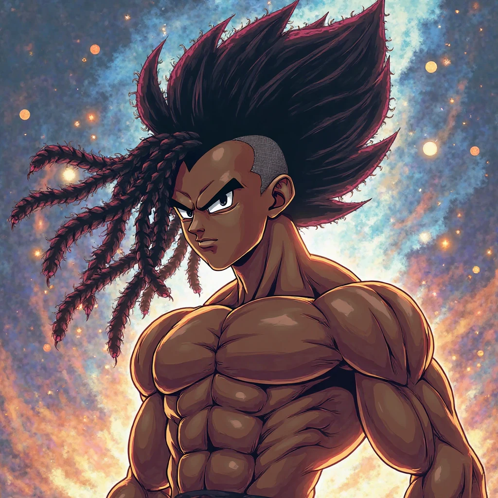 Personnage Dragon ball, man, orange afro cut, peau noir , blue pants 