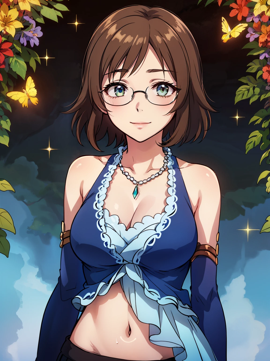 (high-quality, breathtaking),(expressive eyes, perfect face) 1girl, female, solo, brown hair, green eyes, positive expresion, cute smile, portrait, symmetrical eyes, neutral, half open eyes, singer, autumn background, short hair length, wavy curly hair, upperbody, blue dress, stars, idol, bard, fantasy, thin glasses, fireflies, miniskirt, navel, cleavage, jewelry, medium breasts, detached sleeves, midriff, necklace, yuna (ff10), skirt, bioluminescent dress