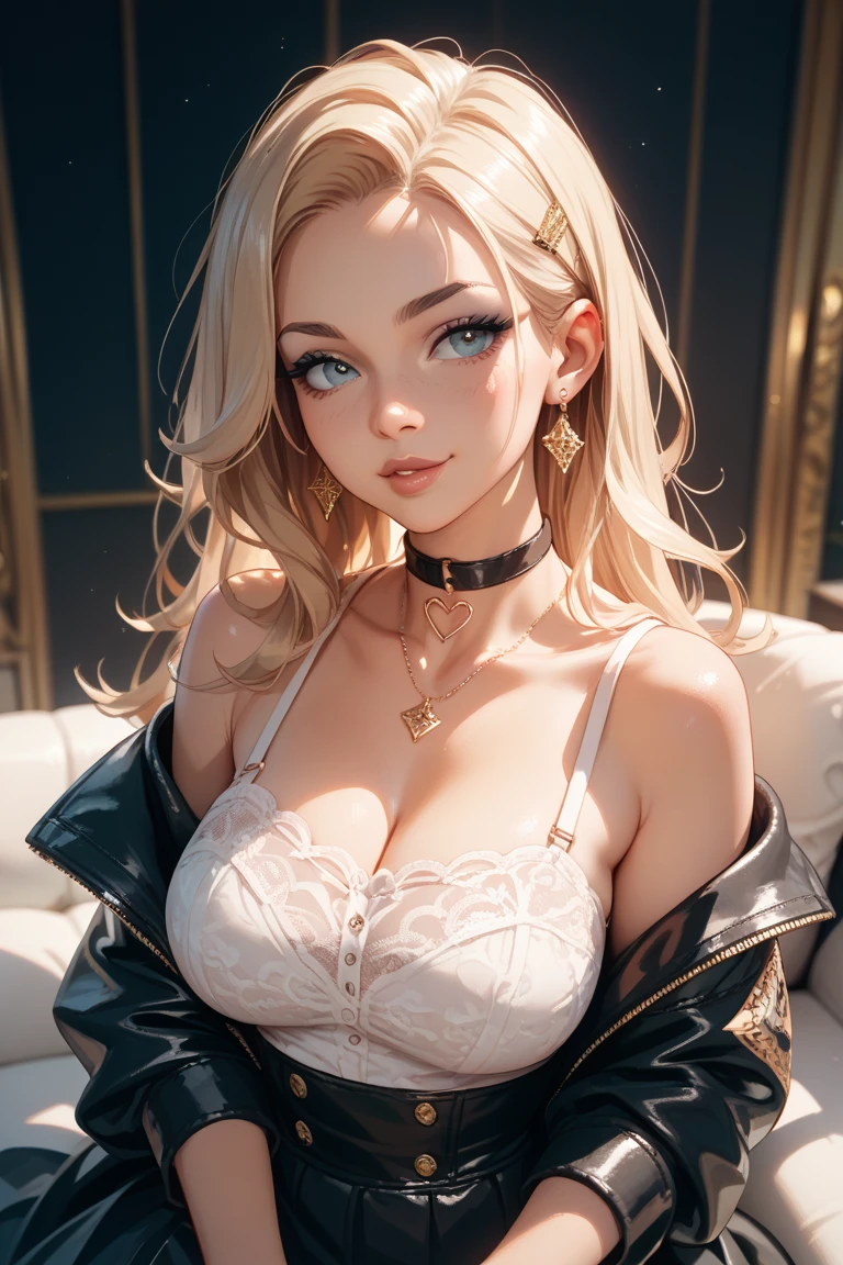 girl at a nightclub sitting at bar, eyeliner (masterpiece) (best quality) (detailed) (8k) (HDR) (wallpaper) (cinematic lighting) (sharp focus) (intricate) wavy blonde hair, biting lip, medium hair, slutty outfit, sexy, blush, aroused, cleavage, shiny , wet skin, girl, dark makeup, acting flirty, tucking hair behind ear
