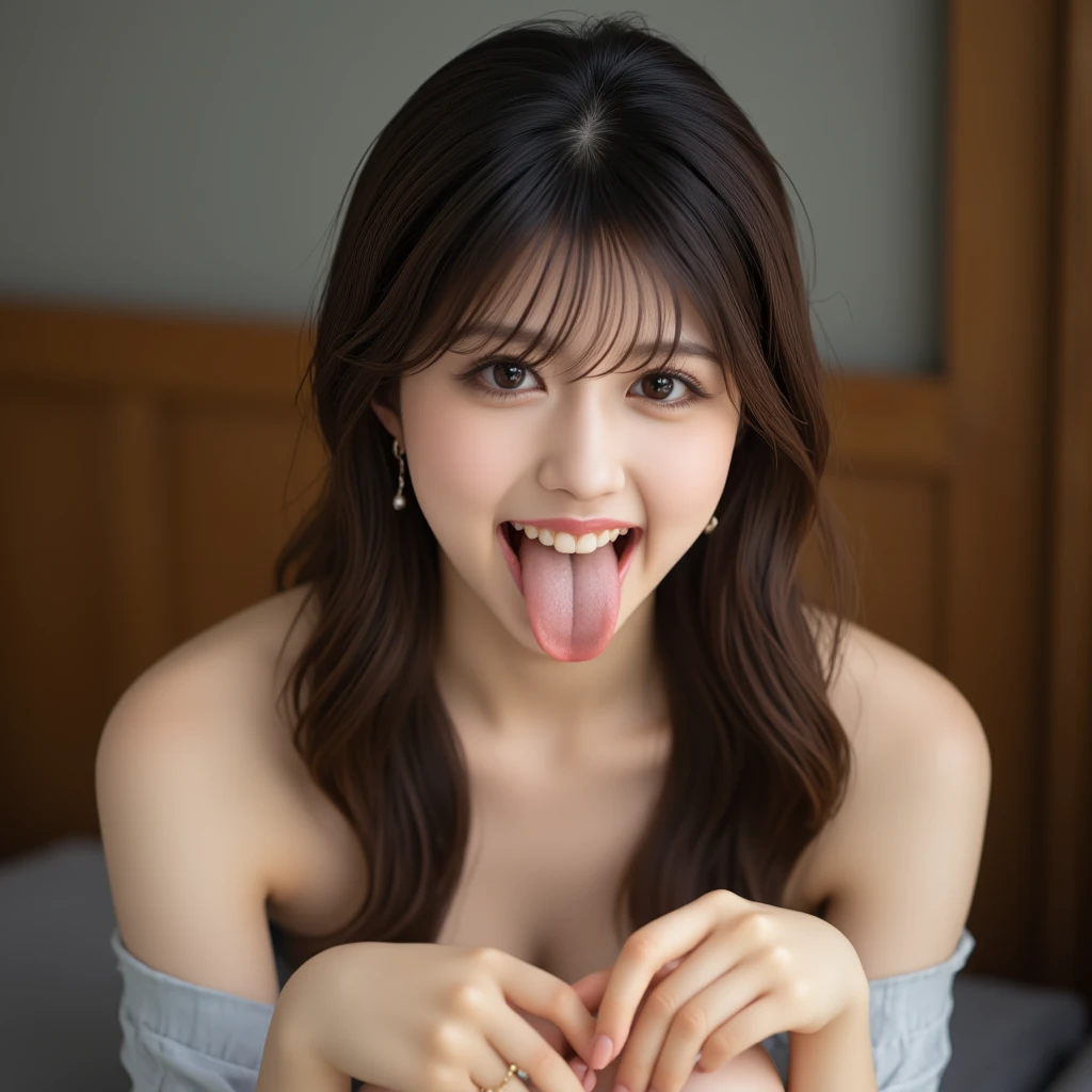 ((upper body shot)),((nude)),((nipples)),Ultra-high resolution,big eyes,grin,((open mouth with tongue)),((tongue out)),Japanese,bangs,(a girl),(1 girl),((18-year-old)),((cute)),pretty,eyes closed