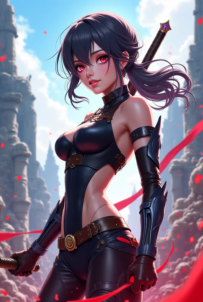 mulher jovem,short black hair , badass , full ancient armor,coxas torneadas,Evil Smile,juri han,chifres de cabelo,detalhes do corpo